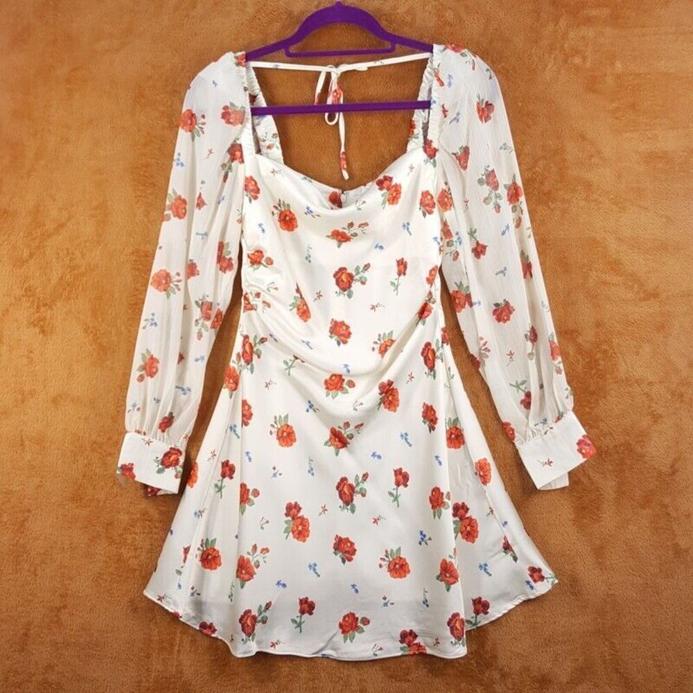 WE WORE WHAT Womens Dress Size 0 Cream Floral Mini Satin Ruched Puff Sleeve Cowl